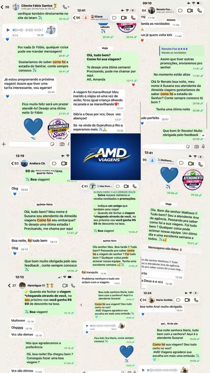 Dezenas de mensagens reais de clientes agradecendo a AMD Viagens no WhatsApp